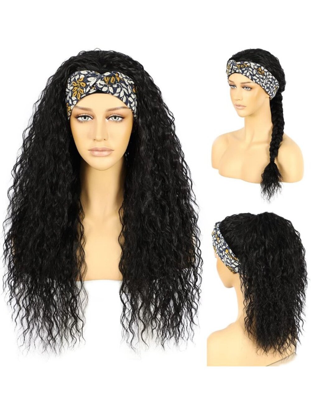 Long Black Water Wave Headband Wig for Women | 26" Curly Synthetic Hair